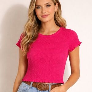 Crown & Ivy Pink Cabana Textured Baby Tee Smocked Top Y2K Coquette Style Large